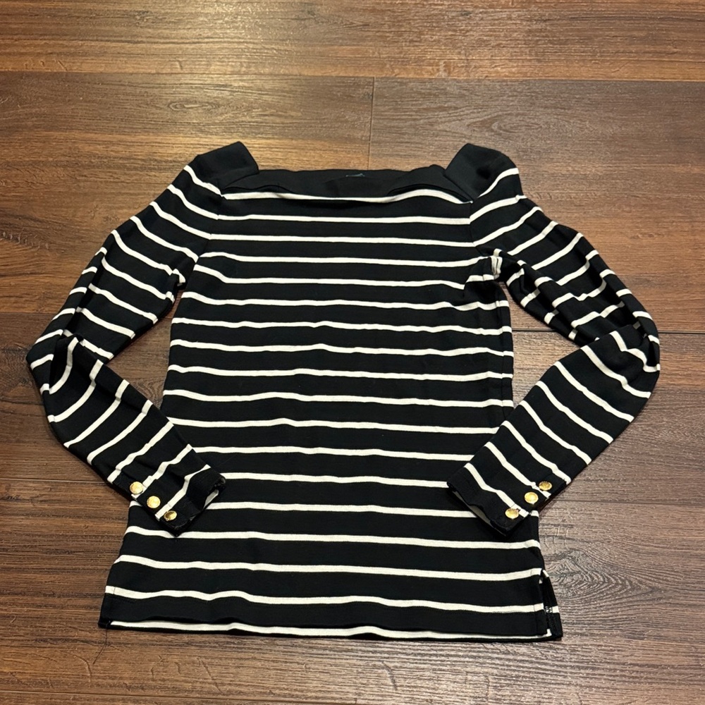 Lauren Ralph Lauren Black and White Striped Long Sleeve Top with gold buttons.
